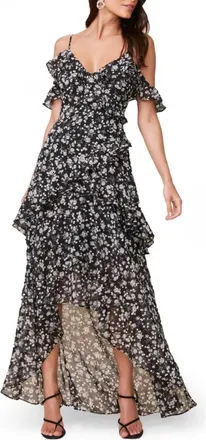 Astr Hi-Low Tiered Ruffle Maxi Dress In Black Multi