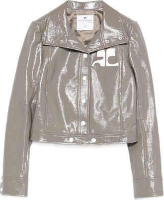Courr&egrave;ges Cropped Grey Jacket with Glossy Patent Finish and Bold Logo