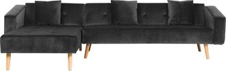 Beliani Sof&aacute; Cama Esquinero Con 3 Almohadas Tapizado En Terciopelo Negro Patas De Madera Clara Reclinable 4 Plazas Versi&oacute;n Derecha Vadso