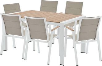 Vente-Unique Sala da pranzo da giardino in alluminio: un tavolo L.150 cm e 6 poltrone impilabili Naturale chiaro e bianco - LIOUS di MYLIA
