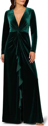 Adrianna Papell Twisted Ruffle Long Sleeve Stretch Velvet Gown in Spruce at Nordstrom, Size 14