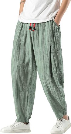 Generic Mens Harem Pants Japanese Style Trousers Casual Cargo Jogger Pants with Drawstring Baggy Yoga Trouser High Waisted Running Trousers Hippie Costume