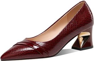 Generic Womens Pointed Toe Snakeskin Pattern Leather Pumps Unique Gold Heel Slip-On Cushioned Non-Slip Insole Durable Dressy Evening Office Work Shoes,Wine re