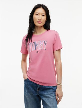 Tommy Hilfiger Womens Striped Varsity Tommy Logo T-Shirt - Mystic Pink - XXL