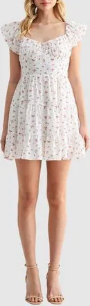 Lush Floral Puff Sleeve Fit & Flare Minidress in White Red Ditsy at Nordstrom Rack, Size X-Small
