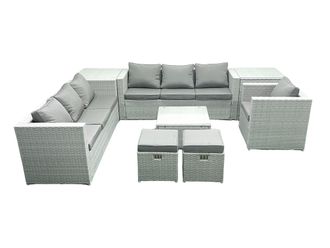 Fimous Wicker PE Rattan Sofa Garden Furniture Set with Armchair Square Coffee Table 2 Small Footstools 2 Side Tables Light Grey Mixed