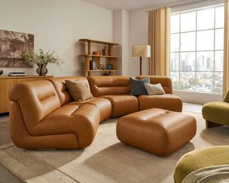 Castlery Tovi Leather 4-Piece Sectional Couch with Ottoman, (Duvane) Mocha for Living Room, Brown Color, Modular Design, Castlery Brand