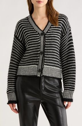 All in Favor Chunky Stripe V-Neck Cardigan in Black White at Nordstrom Rack, Size X-Large