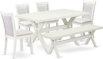East West Furniture X026MZ001-6 6-Pc Dining Table Set Contains a Dinner Table - 4 Cream Dining Chairs and a Bench - Wire Brushed Linen White Finish
