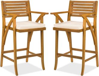 Best Choice Products Set of 2 Outdoor Acacia Wood Bar Stools Bar Chairs w/ Weather-Resistant Cushions - Cream