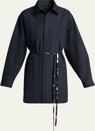 Balenciaga Cotton Poplin Mini Shirtdress with Floral Sash