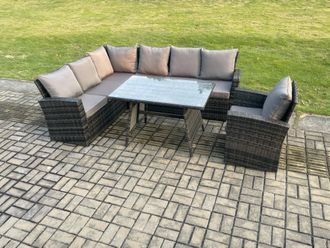 Fimous High Back Outdoor Garden Furniture Set Rattan Corner Sofa Dining Table Set With Armchair 7 Seater in Dark Grey