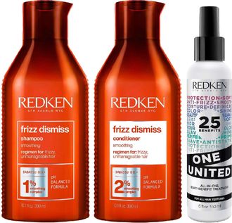 Redken Womens Frizz Dismiss Trio - Shampoo 300ml, Conditioner and One United Treatment 150ml - One Size