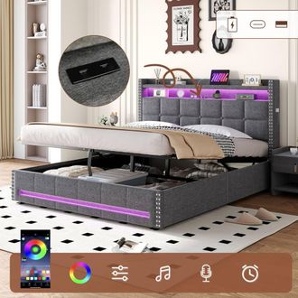Matteo Double Upholstered Storage Bed with LED & USB Charging - Grey
