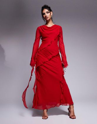 Daska Vestito lungo in chiffon rosso con volant