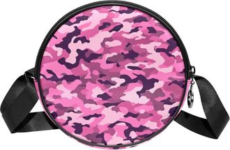 Generic Circle Crossbody Bag for Women, Pink Camouflage Small Sling Bag Daypack with Zipper Adjustable Shoulder Straps Casual Ladies Girls Round Purse