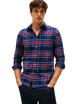 Tommy Hilfiger Long Sleeve Tartan Regular Fit, Mens Button Down Shirt, Preppy Navy/Check, Large