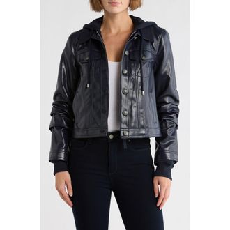 Cinq &agrave; Sept Jess Faux Leather Hooded Jacket in Navy at Nordstrom Rack, Size Xx-Small