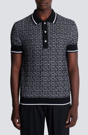 Balmain Monogram Jacquard Merino Wool Polo Sweater in Gab White/Black at Nordstrom, Size Xx-Large