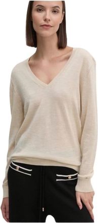 Tommy Hilfiger Merino wollen V-hals trui - Dames - V-hals truien - Beige - L - Wol - Truien & Vesten