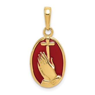 Diamond2Deal 14k Yellow Gold Red Enamel Praying Hands and Cross Oval Pendant