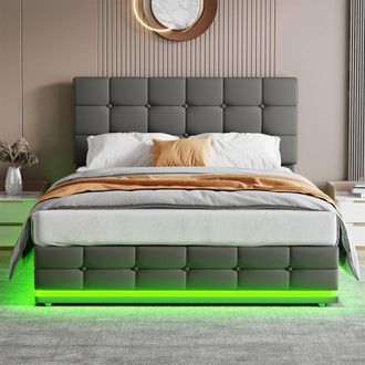 Merax PU Leather Ottoman 4ft6 Double Bed with RGB LED & Tufted Headboard in Grey