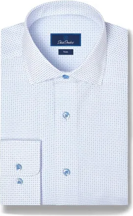 David Donahue Trim Fit Geometric Dress Shirt in White/sky at Nordstrom, Size 16.5