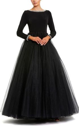 Mac Duggal Embellished Jersey Long Sleeve Ballgown With Tulle Skirt in Black at Nordstrom, Size 18