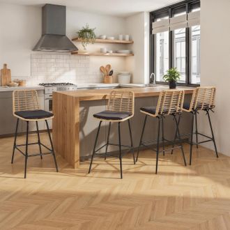 IDMarket Lote De 4 Taburetes De Bar Summer Efecto Rat&aacute;n Con Patas De Metal Negro