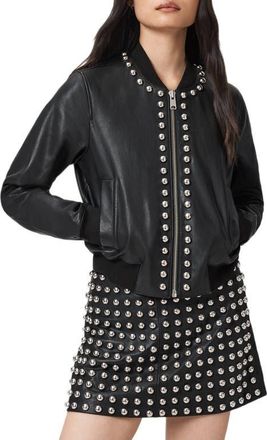AllSaints Orten Wilder Studded Leather Bomber Jacket in Black at Nordstrom, Size 10 Us