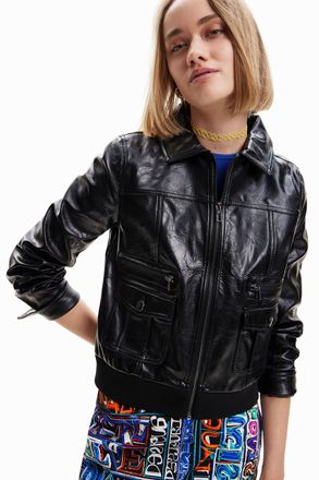 Desigual Dallas Retro Faux Leather Jacket with Pockets 23SWEW03