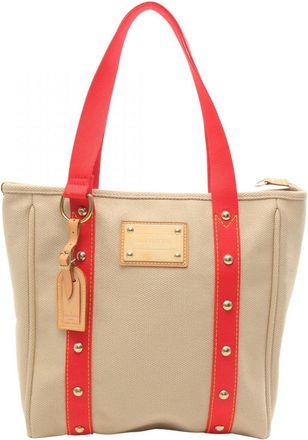 Louis Vuitton Beige Red Color Canvas Tote Bag (Pre-Owned)