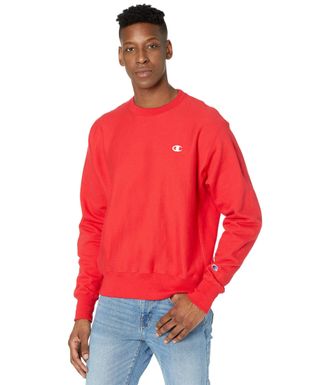 Champion Mens Crewneck, Reverse Weave, Heavyweight Fleece Sweatshirt, Team Red Scarlet Left Chest C, XS