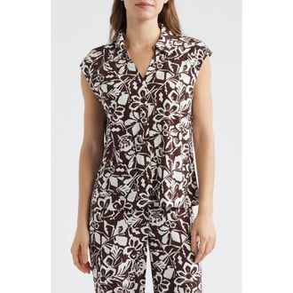 Anne Klein Floral Print Cap Sleeve Shirt in Dark Chocolate/White Dove at Nordstrom, Size X-Large P