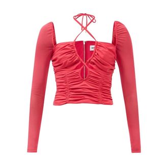 Self Portrait Overhemden, Dames, Roze, S, Polyester, Edgy Halter Neck Cut Out Top