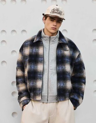 Bershka giacca bomber a quadri effetto feltro con collo alto a imbuto blu navy