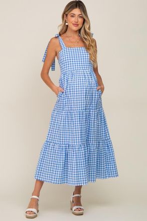 Pinkblush Checkered Sleeveless Tiered Maxi Dress in Blue at Nordstrom, Size Medium