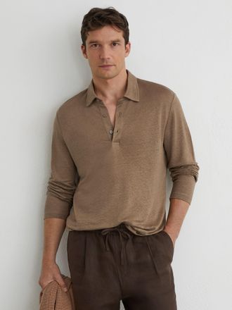 Reiss Brown Linen Long-sleeve Knitted Polo Shirt, Xxl