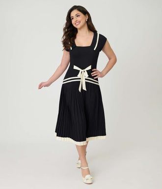 Unique Vintage Pleated Flapper Day Dress in Black W/White Ribbon at Nordstrom, Size X-Large