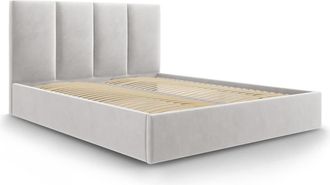 MICADONI Cama con cabecero y baúl de terciopelo gris claro