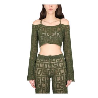 GCDS Long Sleeve Tops, female, Green, Size: S Monogram Macrame Top