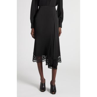 Alexander McQueen Lace Trim Asymmetric Silk Skirt in Black at Nordstrom, Size 42