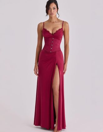 House of CB Sabrine - Vestito lungo color vinaccia con finiture in pizzo e corsetto-Rosso