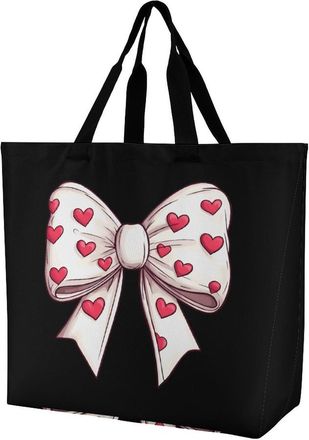 Generic Valentines Day Heart Bow Reusable Shopping Bags Large Capacity Grocery Bag Heavy Duty Tote for Women 40x40x16cm