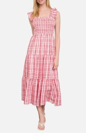 Blu Pepper Plaid Ruffle Smocked Fit & Flare Midi Dress in Red at Nordstrom Rack, Size Medium