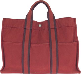 Herm&egrave;s Red Color Canvas Handbag Tote Bag (Pre-Owned)