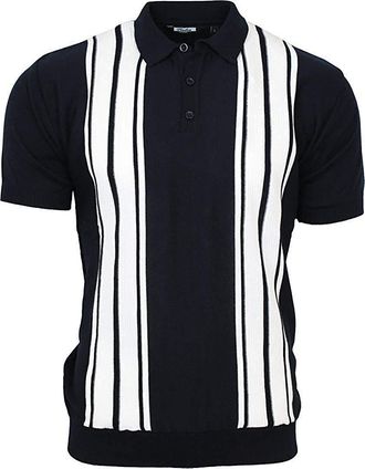 Relco Mens Striped Fine Gauge Knit Mod Polo Shirt Navy/Ecru M