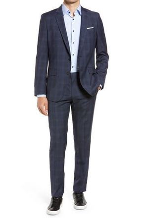 BOSS Huge/Genius Slim Fit Plaid Wool Suit in Dark Blue at Nordstrom Rack, Size 42 Regular