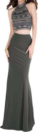 Alyce Paris Beaded Crop Two Piece Halter Gown In Moss