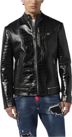 Philipp Plein Leather Moto Jacket Cocco - Heren - Leren en Su&egrave;de Jassen - Zwart - L - Leer - Jassen
